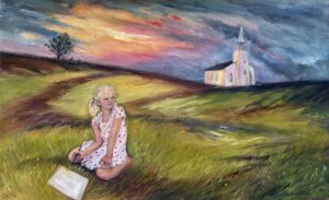 A little girl sitting in a meadow, painting, with a church behind her with dramatic sky,